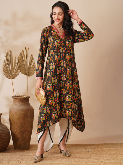 Ethnic Printed & Embroidered A-Line Kurta with Dhoti Pant - Black