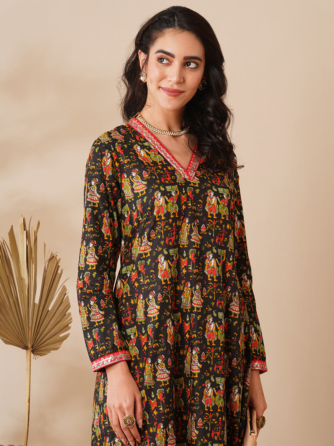 Ethnic Printed & Embroidered A-Line Kurta with Dhoti Pant - Black