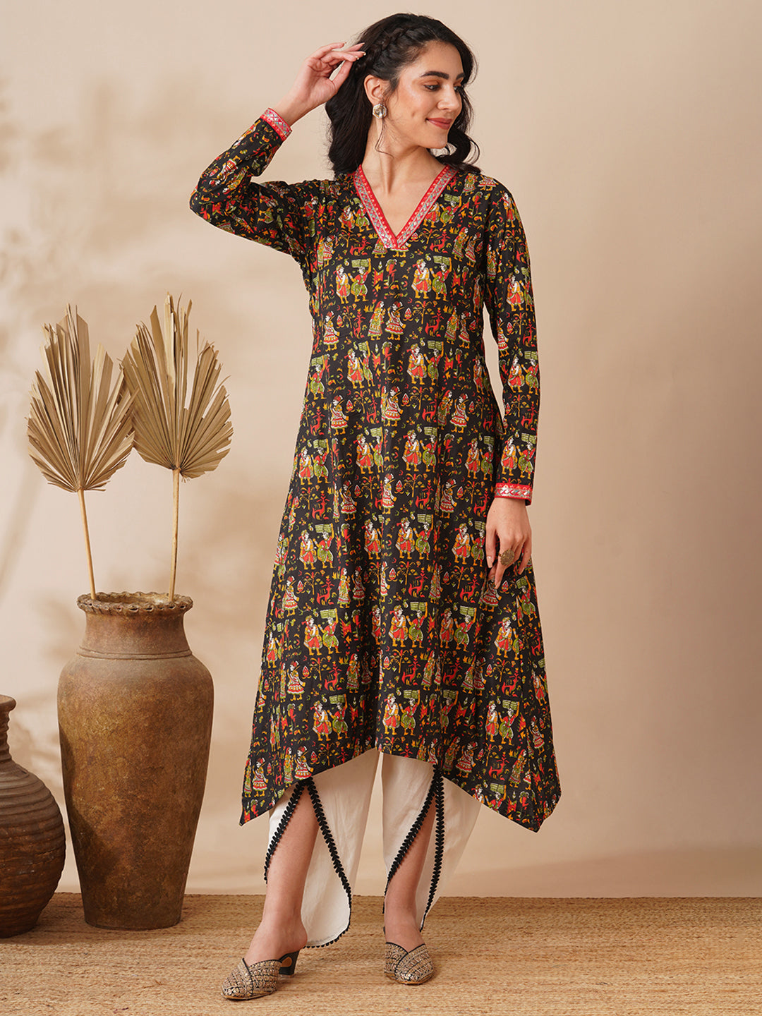 Ethnic Printed & Embroidered A-Line Kurta with Dhoti Pant - Black