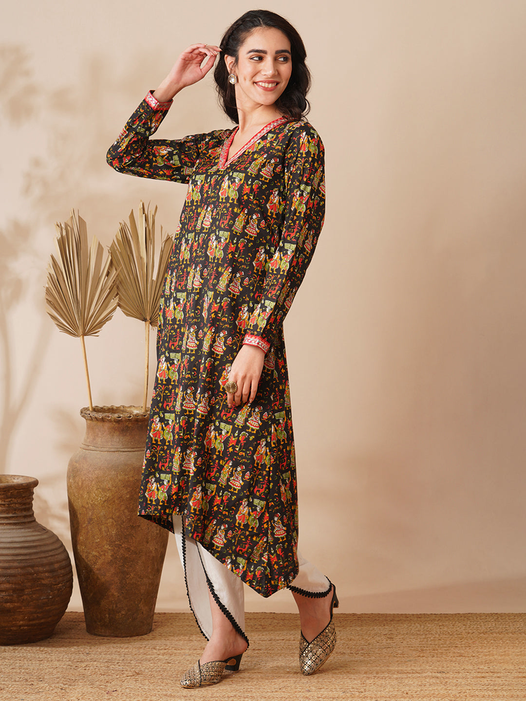 Ethnic Printed & Embroidered A-Line Kurta with Dhoti Pant - Black