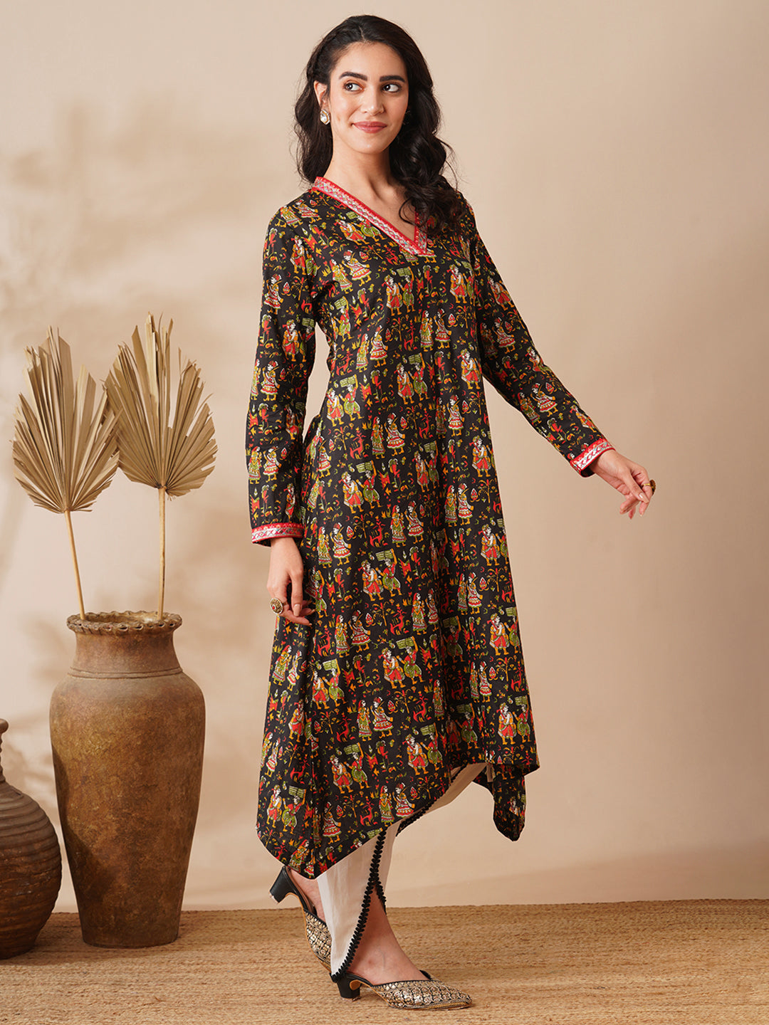 Ethnic Printed & Embroidered A-Line Kurta with Dhoti Pant - Black