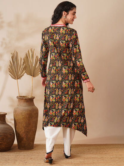 Ethnic Printed & Embroidered A-Line Kurta with Dhoti Pant - Black