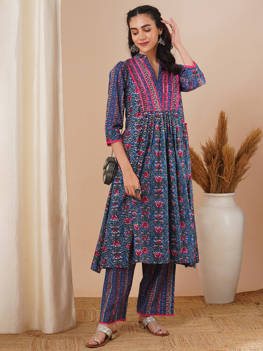 Ethnic Floral Printed & Embroidered A-Line Pleated Kurta with Palazzo - Blue