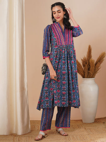 Ethnic Floral Printed & Embroidered A-Line Pleated Kurta with Palazzo - Blue