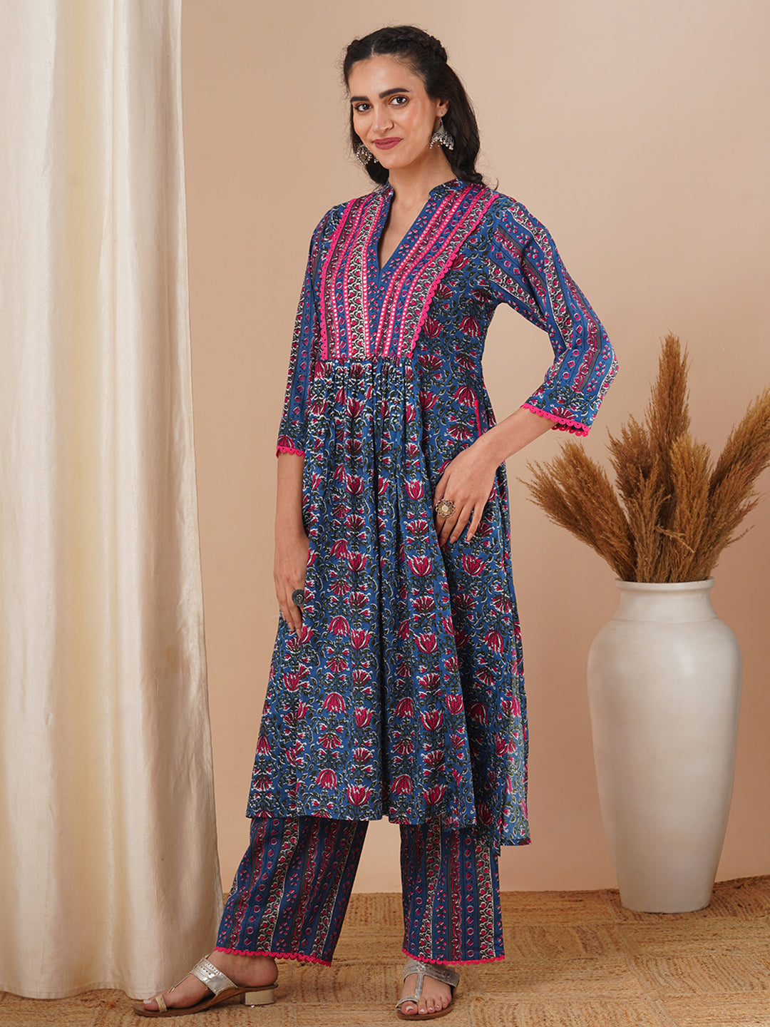 Ethnic Floral Printed & Embroidered A-Line Pleated Kurta with Palazzo - Blue