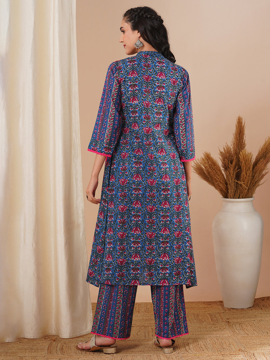 Ethnic Floral Printed & Embroidered A-Line Pleated Kurta with Palazzo - Blue