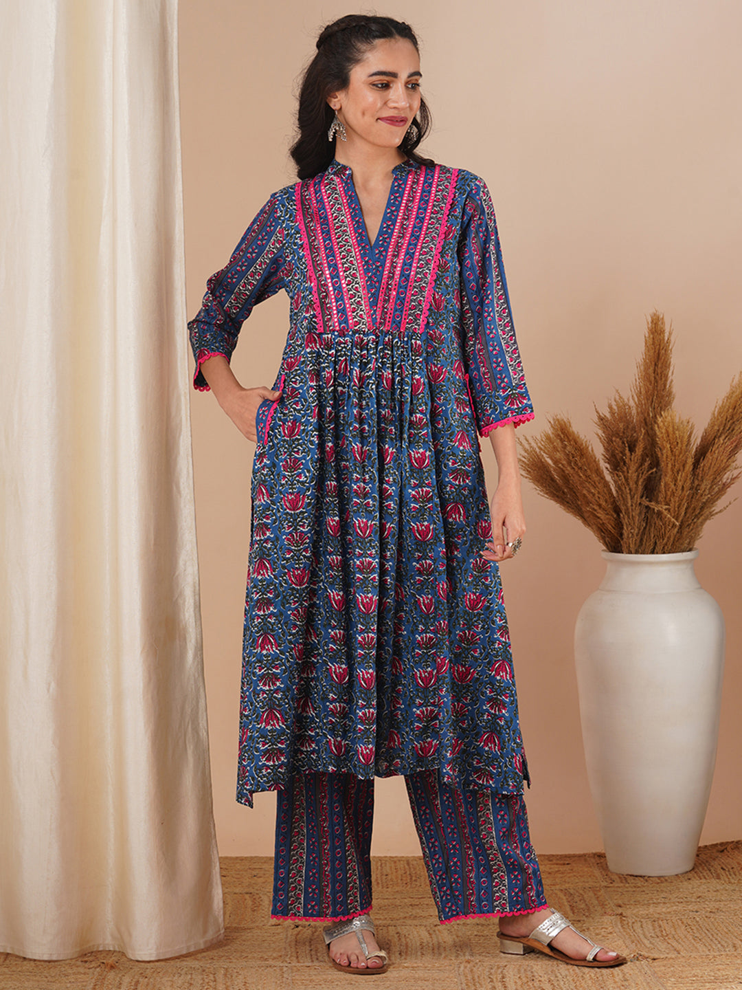 Ethnic Floral Printed & Embroidered A-Line Pleated Kurta with Palazzo - Blue