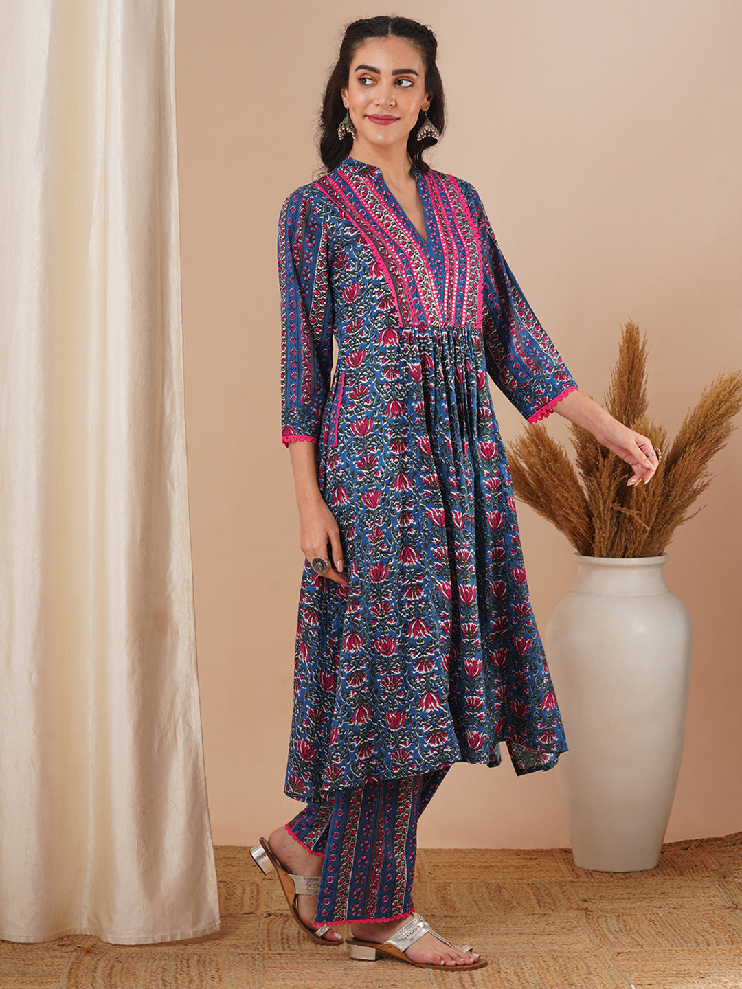 Ethnic Floral Printed & Embroidered A-Line Pleated Kurta with Palazzo - Blue