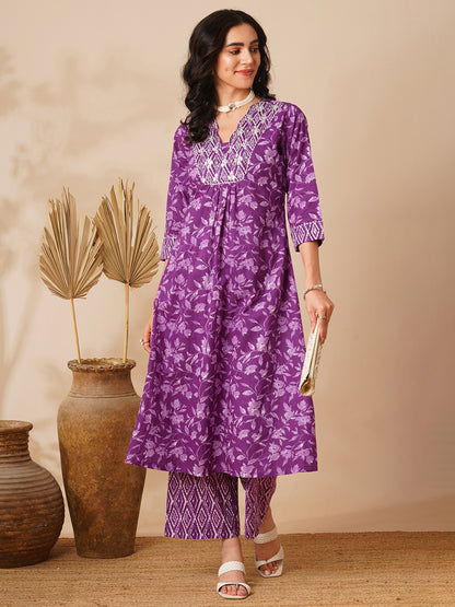 Ethnic Floral Printed & Zari Embroidered A-Line Pleated Kurta with Palazzo - Purple