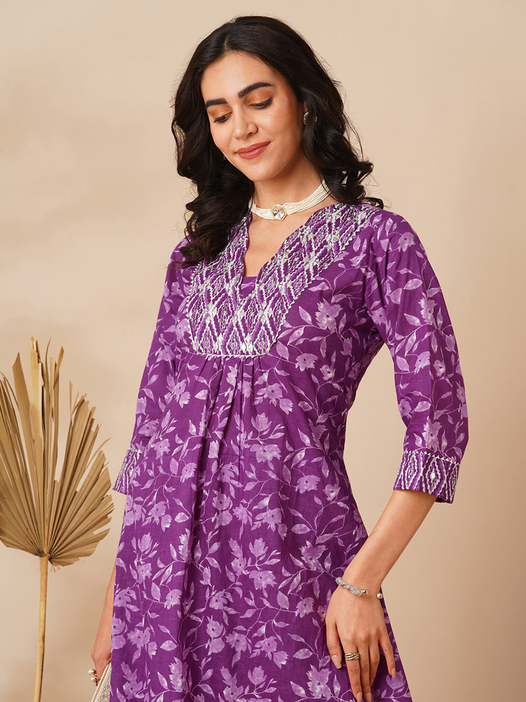 Ethnic Floral Printed & Zari Embroidered A-Line Pleated Kurta with Palazzo - Purple