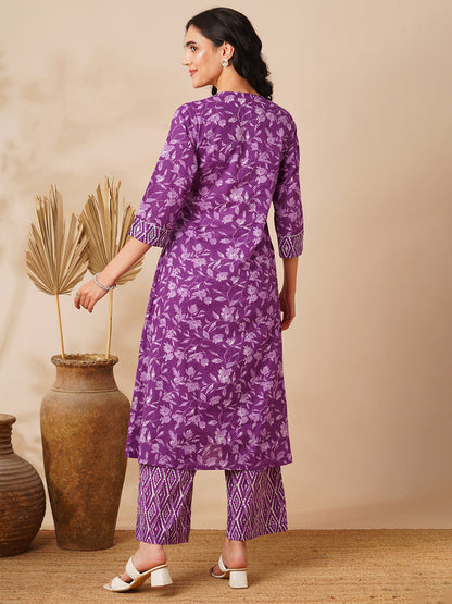 Ethnic Floral Printed & Zari Embroidered A-Line Pleated Kurta with Palazzo - Purple