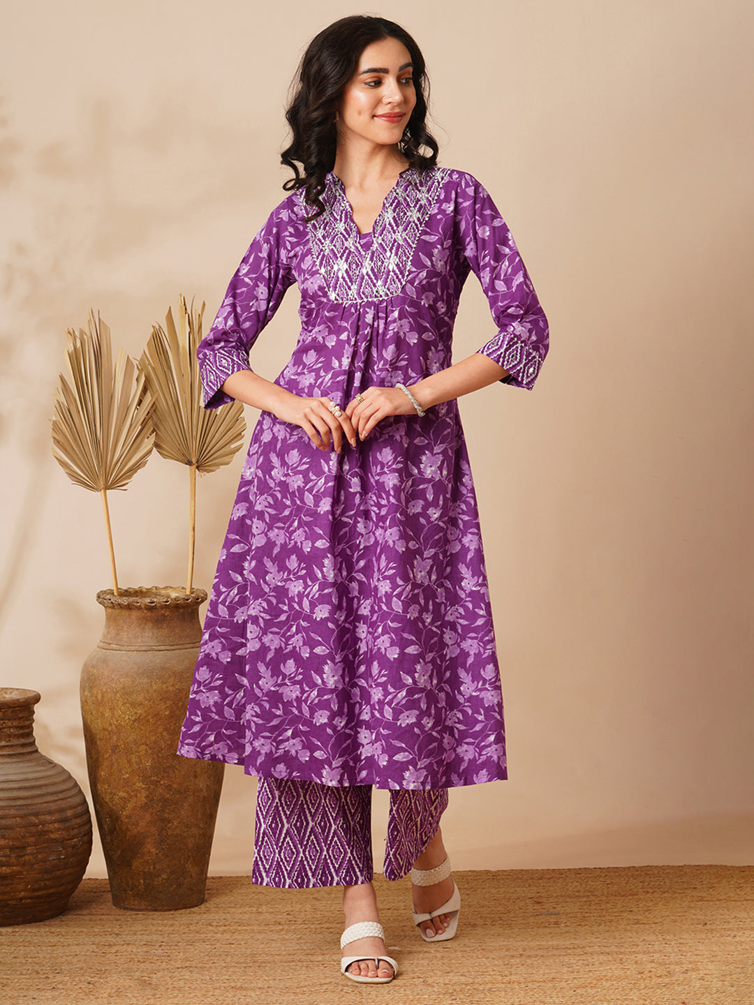 Ethnic Floral Printed & Zari Embroidered A-Line Pleated Kurta with Palazzo - Purple