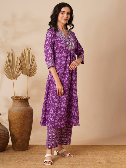 Ethnic Floral Printed & Zari Embroidered A-Line Pleated Kurta with Palazzo - Purple