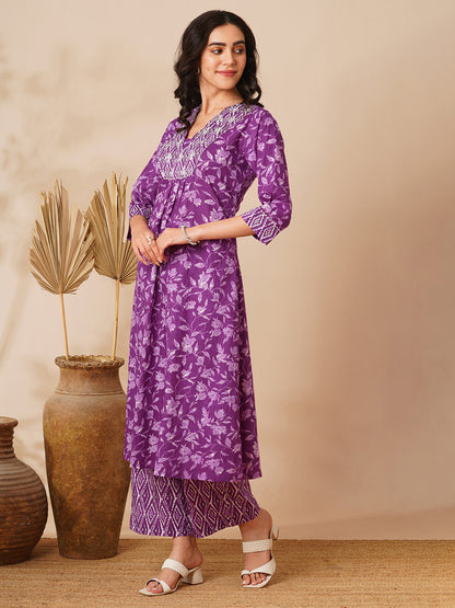 Ethnic Floral Printed & Zari Embroidered A-Line Pleated Kurta with Palazzo - Purple