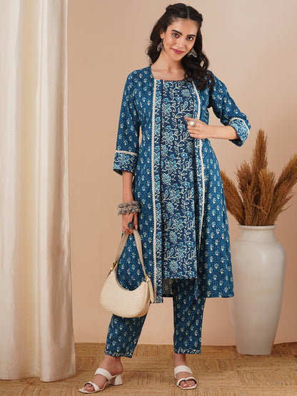 Ethnic Floral Printed Straight Kurta with A-Line Jacket with Pant - Blue