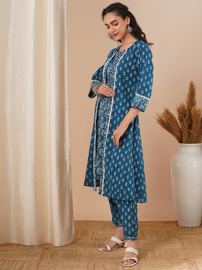 Ethnic Floral Printed Straight Kurta with A-Line Jacket with Pant - Blue