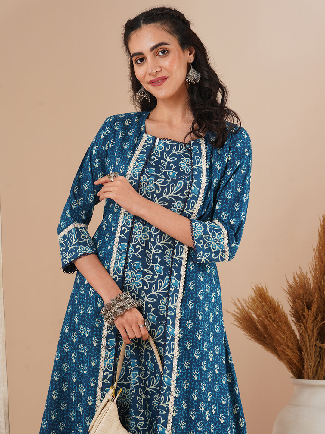 Ethnic Floral Printed Straight Kurta with A-Line Jacket with Pant - Blue