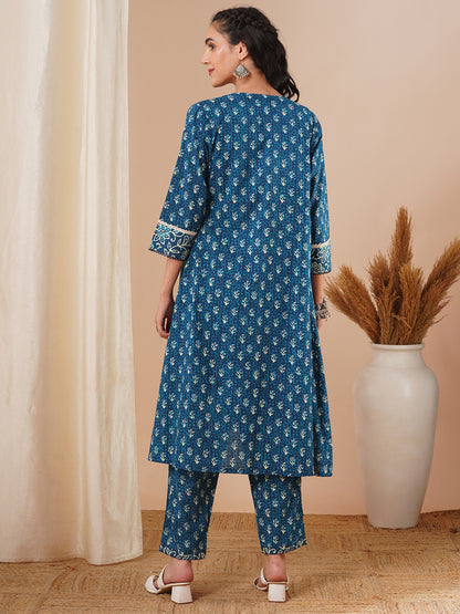 Ethnic Floral Printed Straight Kurta with A-Line Jacket with Pant - Blue