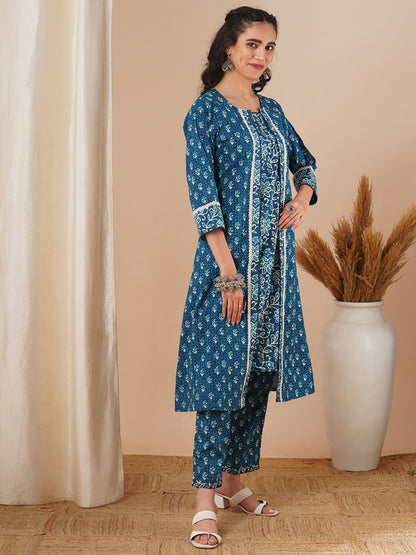 Ethnic Floral Printed Straight Kurta with A-Line Jacket with Pant - Blue