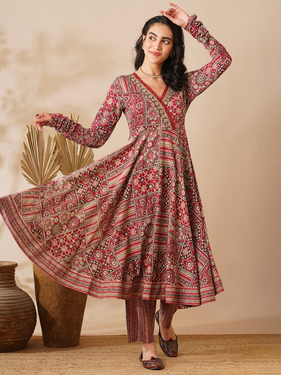 Ethnic Floral Printed & Embroidered A-Line Flared Kurta with Pant - Maroon