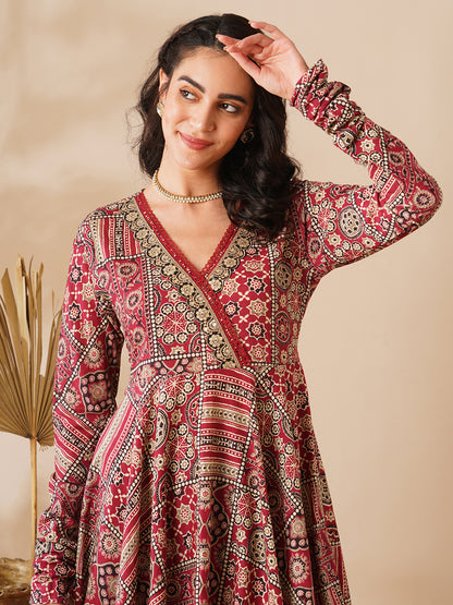 Ethnic Floral Printed & Embroidered A-Line Flared Kurta with Pant - Maroon