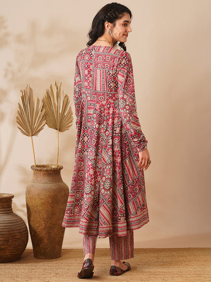 Ethnic Floral Printed & Embroidered A-Line Flared Kurta with Pant - Maroon