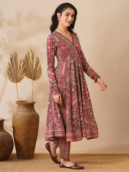 Ethnic Floral Printed & Embroidered A-Line Flared Kurta with Pant - Maroon