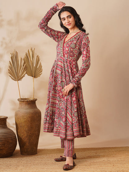 Ethnic Floral Printed & Embroidered A-Line Flared Kurta with Pant - Maroon