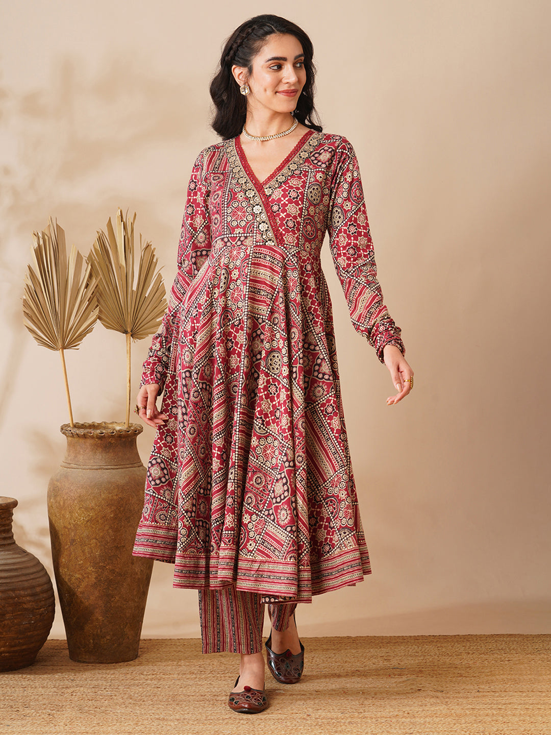 Ethnic Floral Printed & Embroidered A-Line Flared Kurta with Pant - Maroon