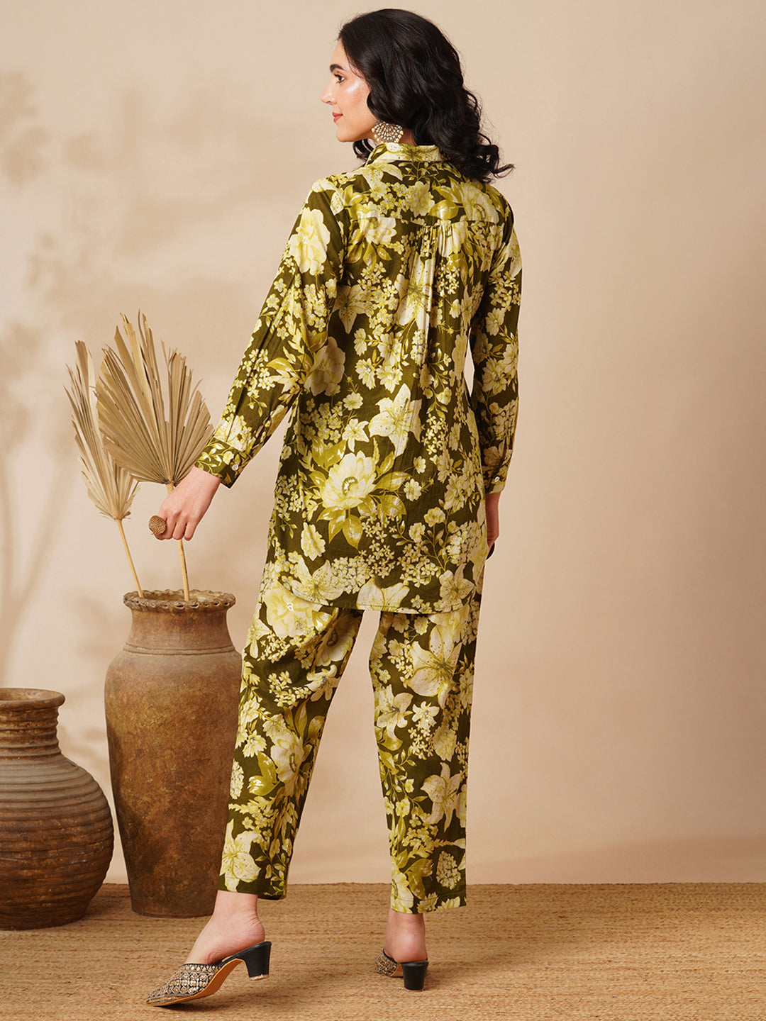 Floral Foil Printed Straight Fit Co-ord Set - Green