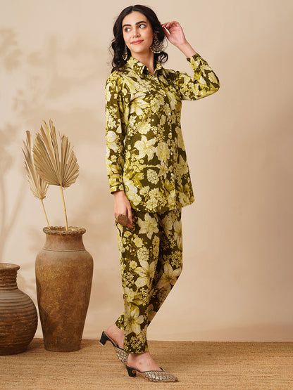 Floral Foil Printed Straight Fit Co-ord Set - Green