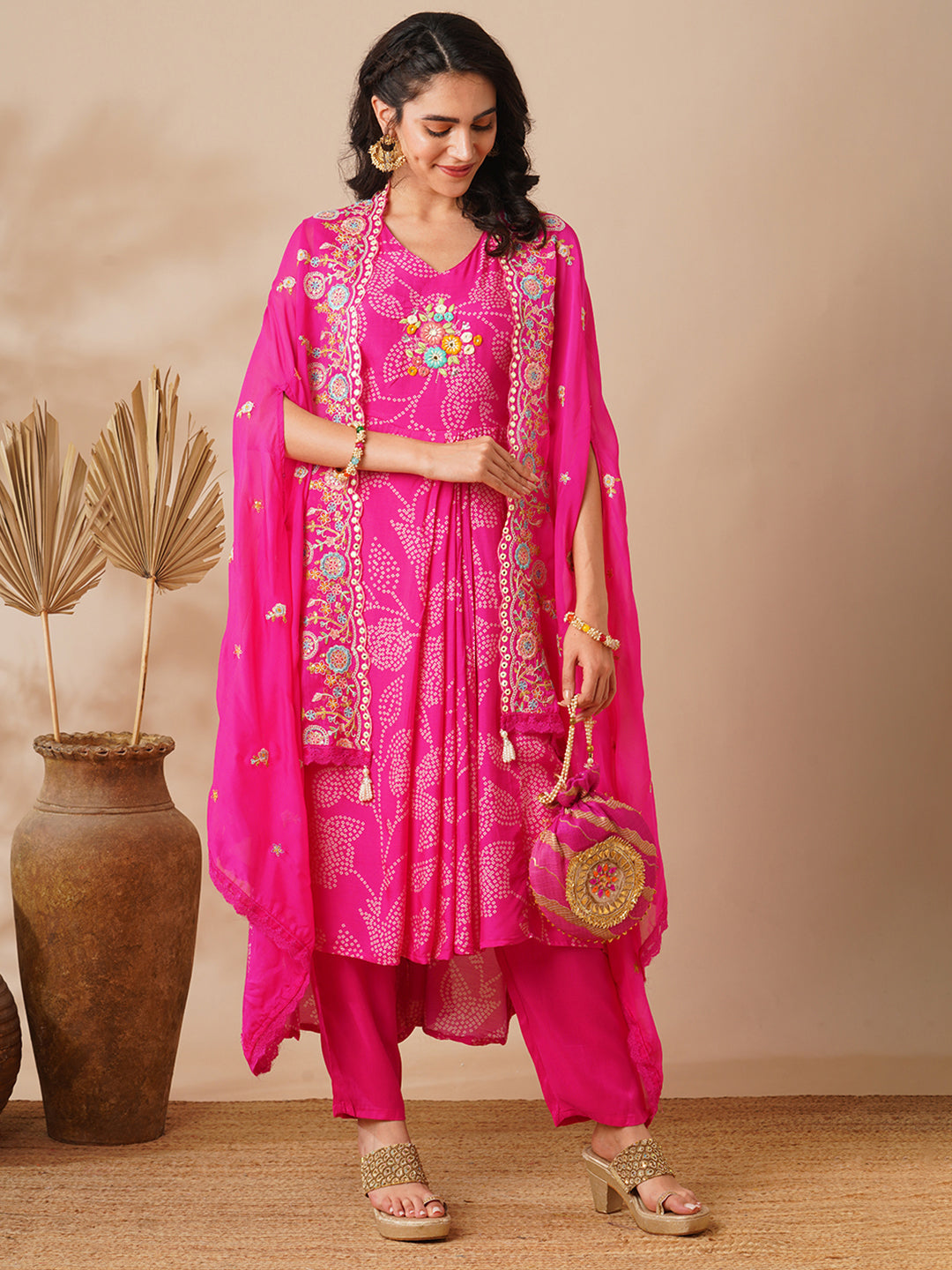 Bandhani Printed Cowl Kurta with Floral Embroidered Cape & Pant - Pink