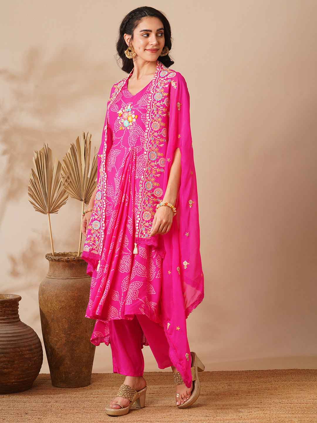 Bandhani Printed Cowl Kurta with Floral Embroidered Cape & Pant - Pink