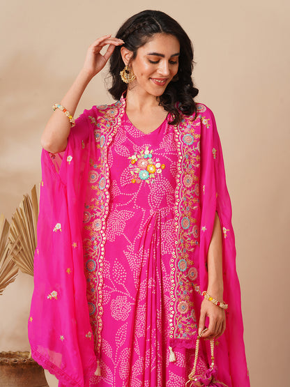 Bandhani Printed Cowl Kurta with Floral Embroidered Cape & Pant - Pink