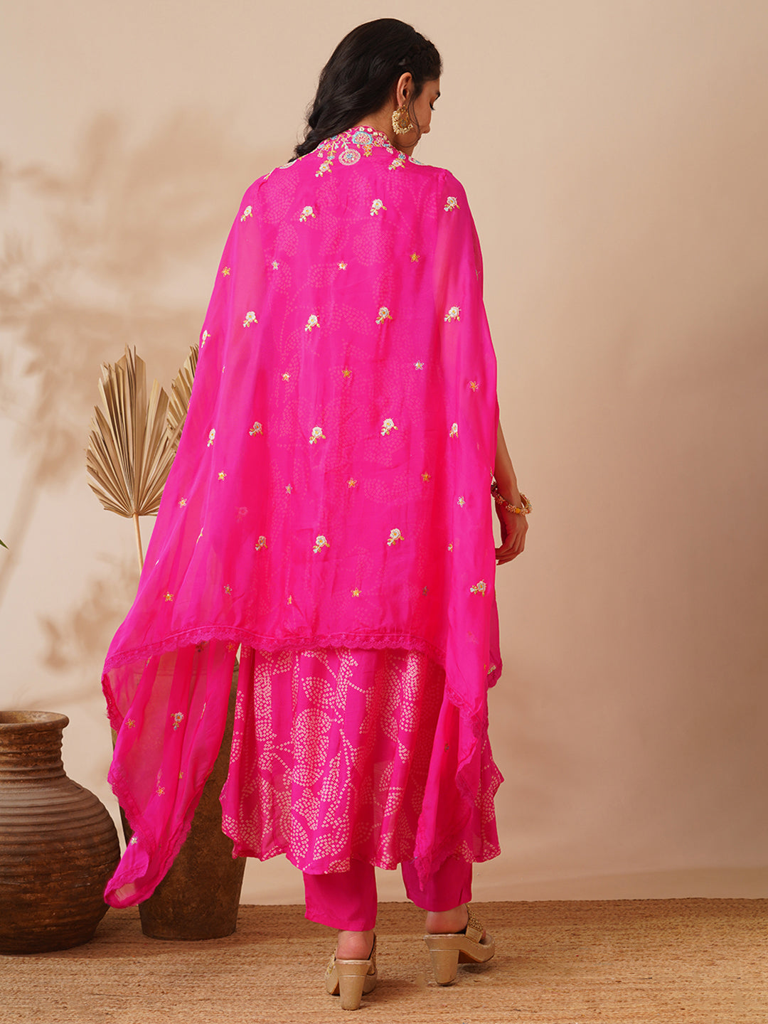 Bandhani Printed Cowl Kurta with Floral Embroidered Cape & Pant - Pink