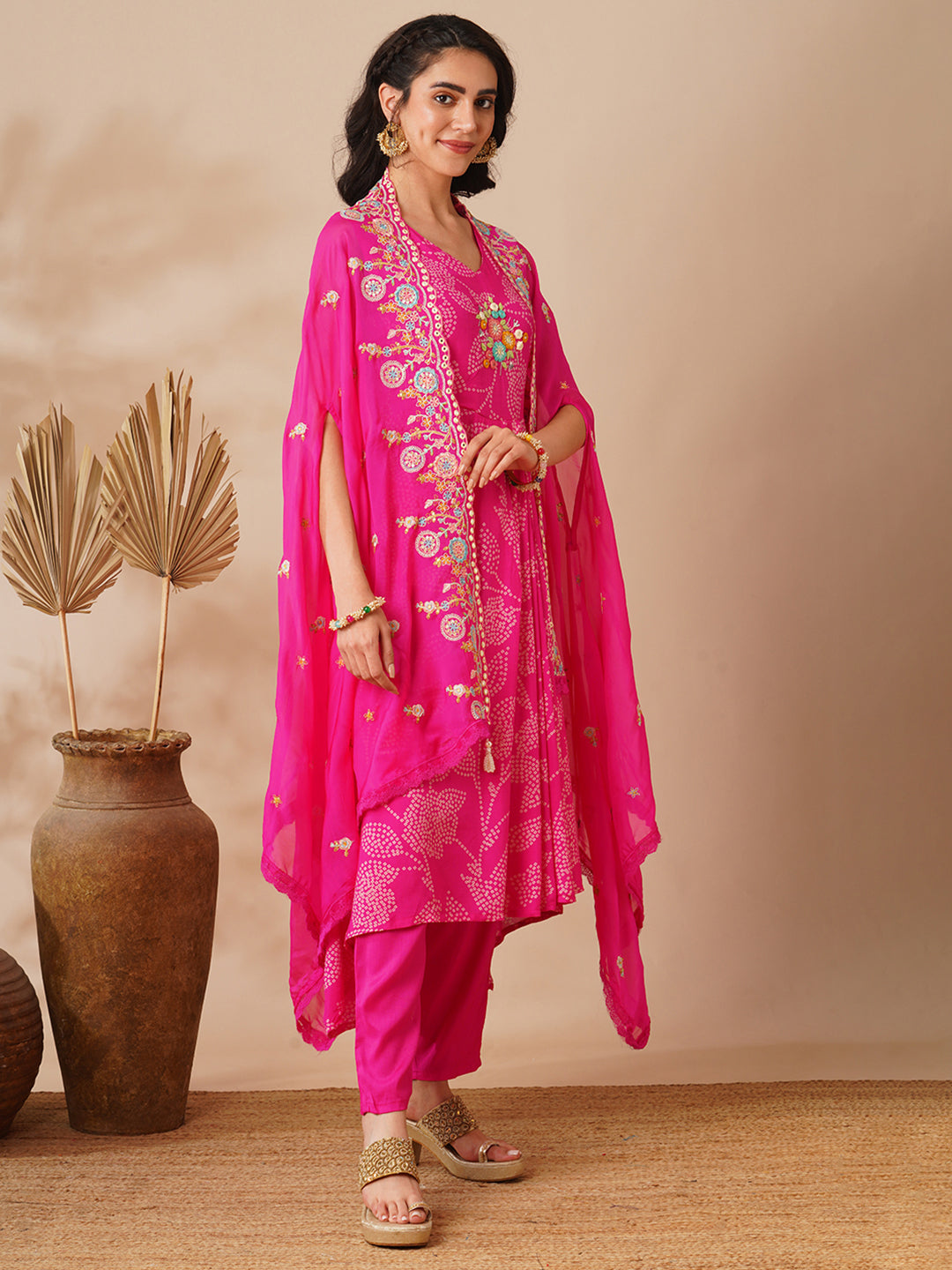 Bandhani Printed Cowl Kurta with Floral Embroidered Cape & Pant - Pink