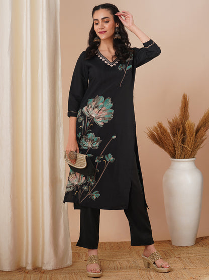 Abstract Floral Printed & Embroidered Straight Fit Kurta with Pant - Black