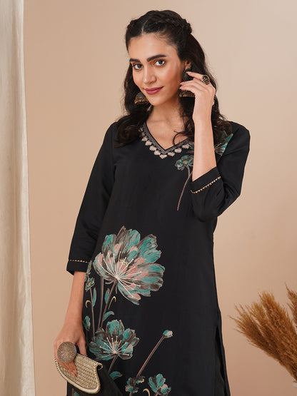 Abstract Floral Printed & Embroidered Straight Fit Kurta with Pant - Black