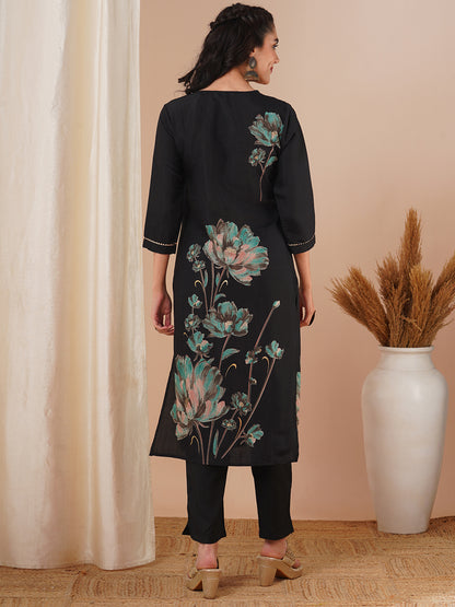 Abstract Floral Printed & Embroidered Straight Fit Kurta with Pant - Black