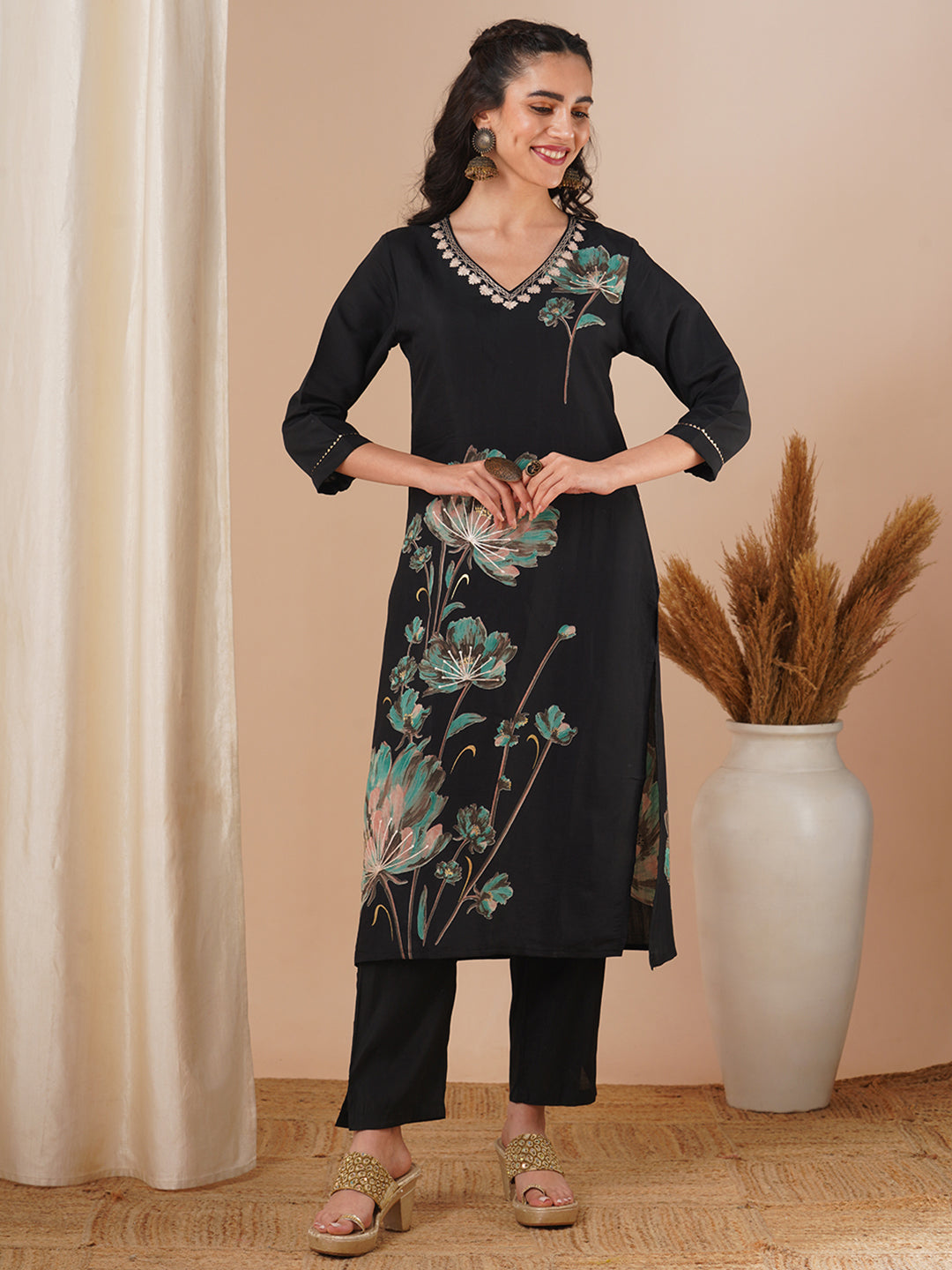 Abstract Floral Printed & Embroidered Straight Fit Kurta with Pant - Black