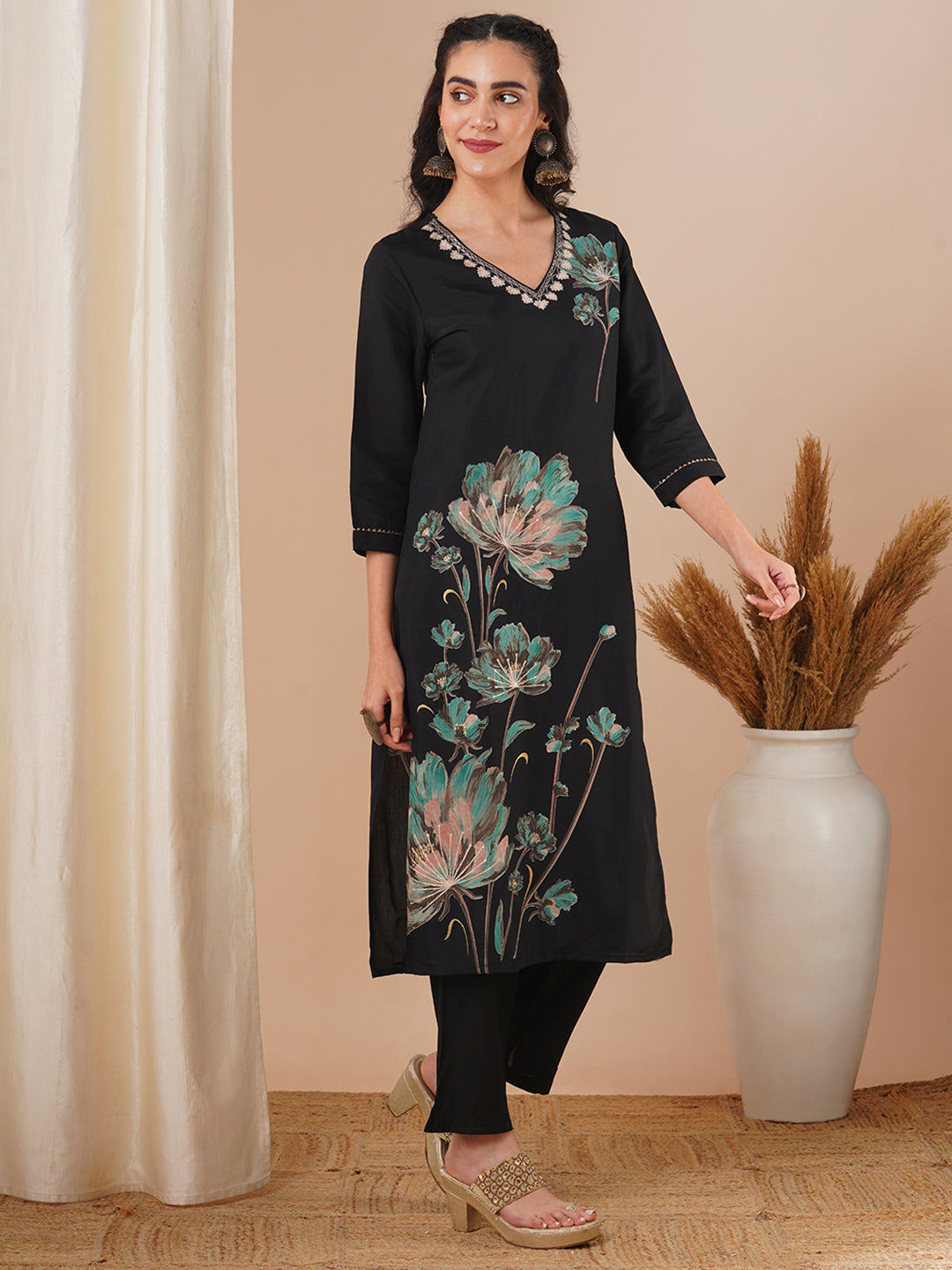 Abstract Floral Printed & Embroidered Straight Fit Kurta with Pant - Black