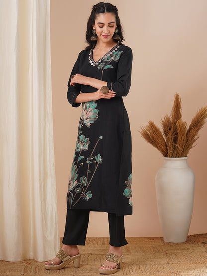 Abstract Floral Printed & Embroidered Straight Fit Kurta with Pant - Black