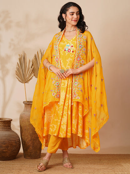 Bandhani Printed Cowl Kurta with Floral Embroidered Cape & Pant - Yellow