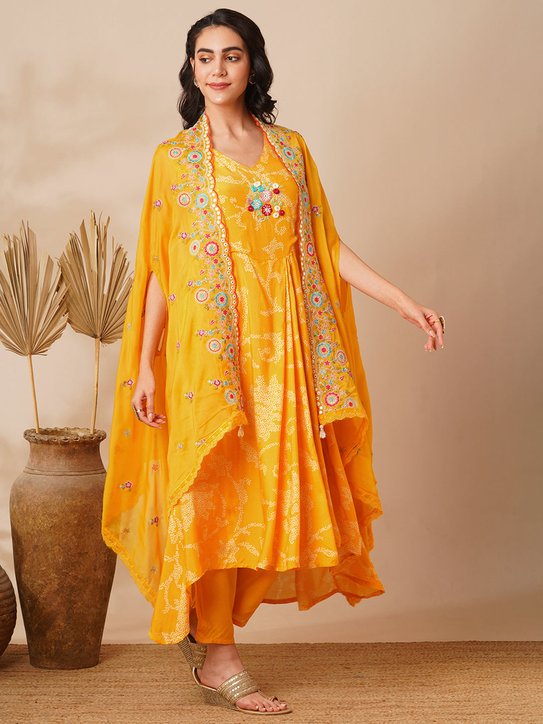 Bandhani Printed Cowl Kurta with Floral Embroidered Cape & Pant - Yellow