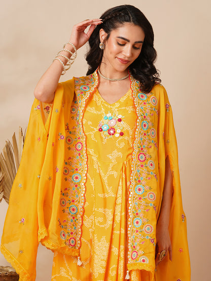 Bandhani Printed Cowl Kurta with Floral Embroidered Cape & Pant - Yellow