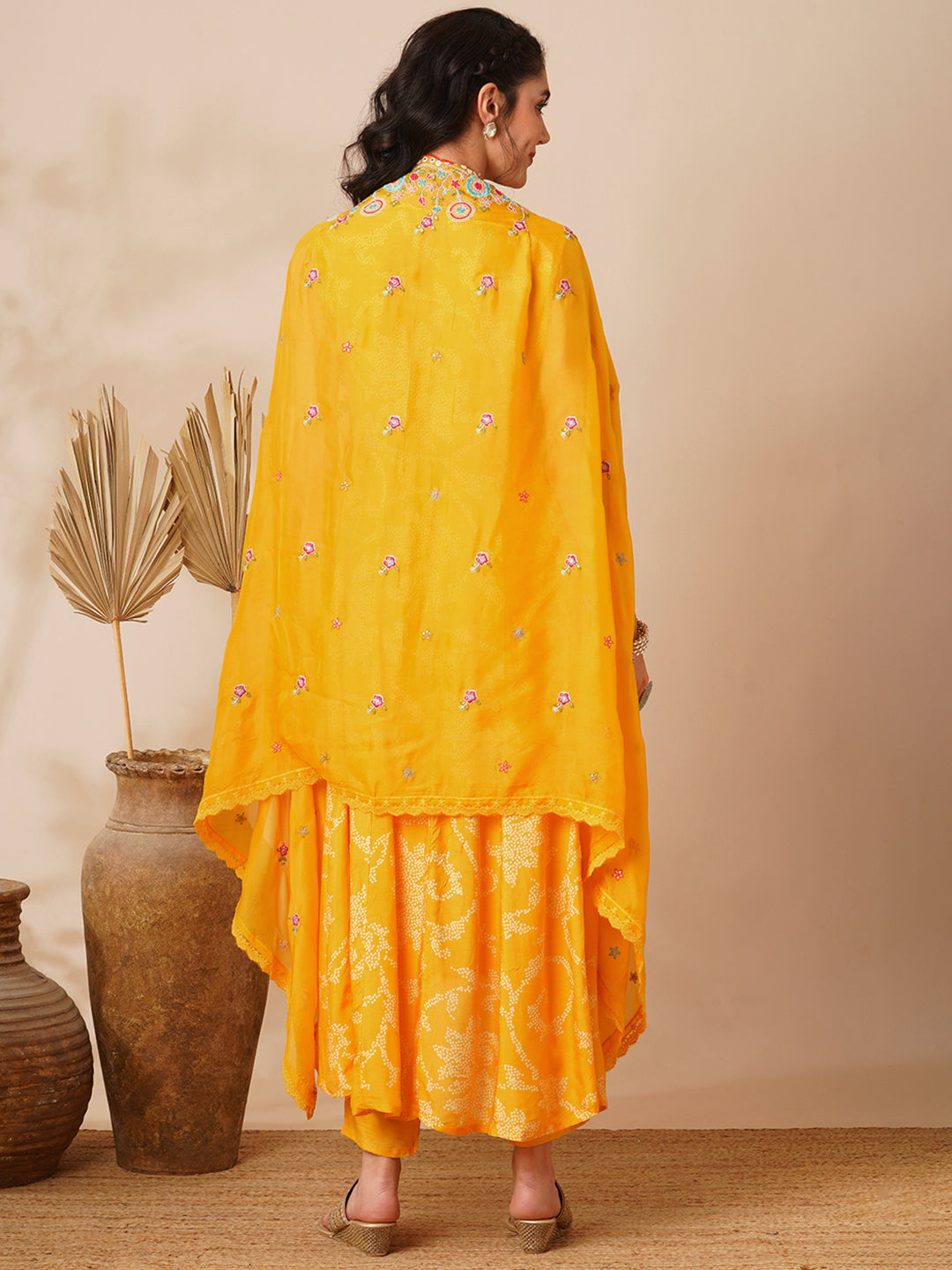 Bandhani Printed Cowl Kurta with Floral Embroidered Cape & Pant - Yellow