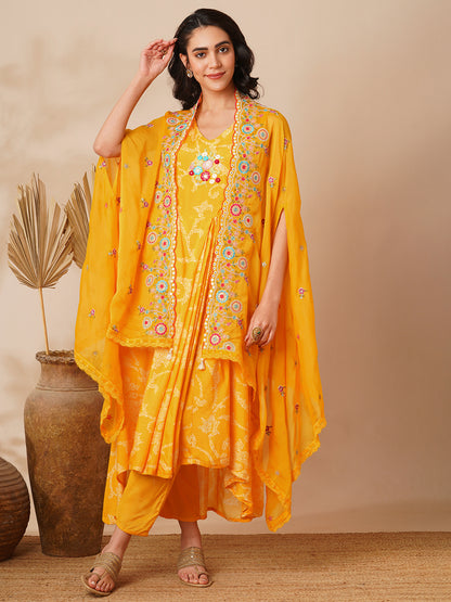 Bandhani Printed Cowl Kurta with Floral Embroidered Cape & Pant - Yellow