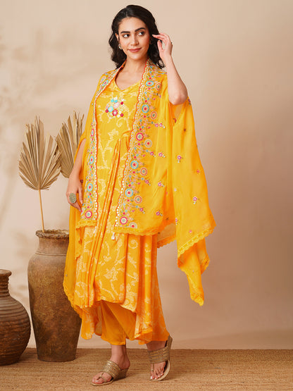 Bandhani Printed Cowl Kurta with Floral Embroidered Cape & Pant - Yellow