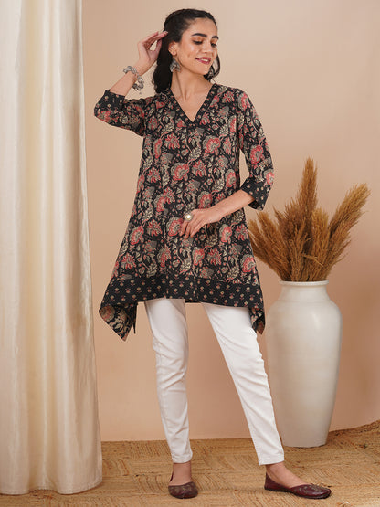 Ethnic Floral Printed A-Line Kurti - Black