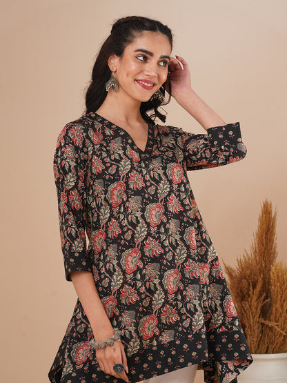 Ethnic Floral Printed A-Line Kurti - Black